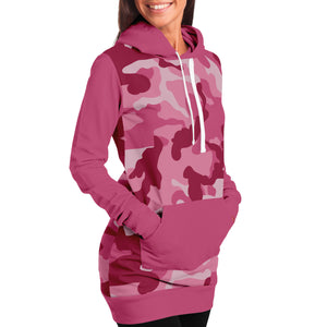 Pink Camouflage Longline Hoodie Dress With Solid Pink Contrast Sleeves