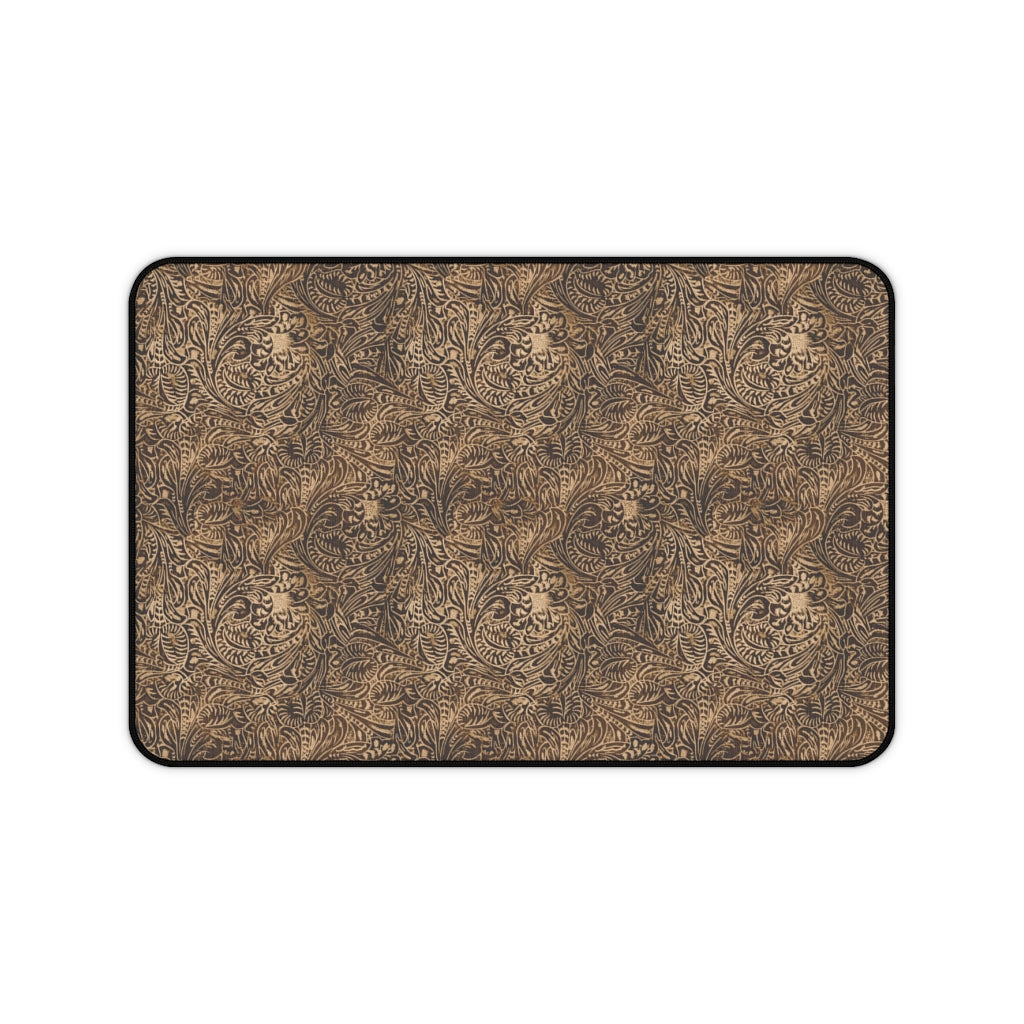 Dusky Brown Tooled Leather Style Pattern Desk Mat