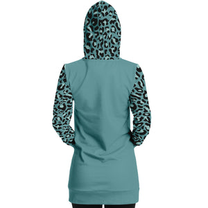 Minty Teal Longline Hoodie Dress With Leopard Print Sleeves, Hood and Pocket