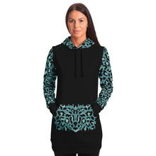 Load image into Gallery viewer, Black Longline Hoodie Dress With Minty Teal Leopard Print Contrast Sleeves, Pocket and Hood

