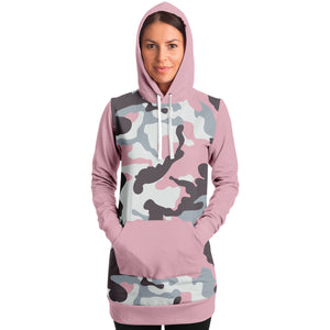 Pastel Pink Camouflage Longline Hoodie Dress With Solid Pink Sleeves, Pocket and Hood