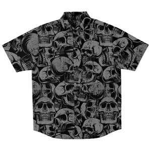 Black and Gray Skulls Pattern Hawaiian Button Down Short Sleeved Shirt