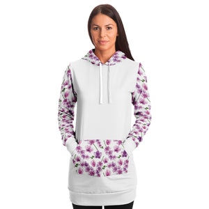White Longline Hoodie Dress With Pink Orchid Flower Pattern Sleeves, Hood and Pocket