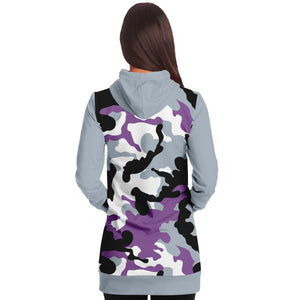 Gray and Purple Camouflage Longline Hoodie Dress With Solid Gray Sleeves, Pocket and Hood