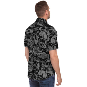 Black and Gray Skulls Pattern Hawaiian Button Down Short Sleeved Shirt