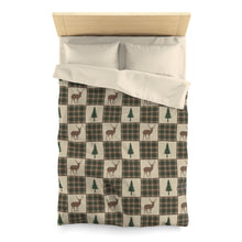 Load image into Gallery viewer, Twin Size Tan, Brown and Green Deer and Pine Trees Patchwork Plaid Pattern Microfiber Duvet Cover
