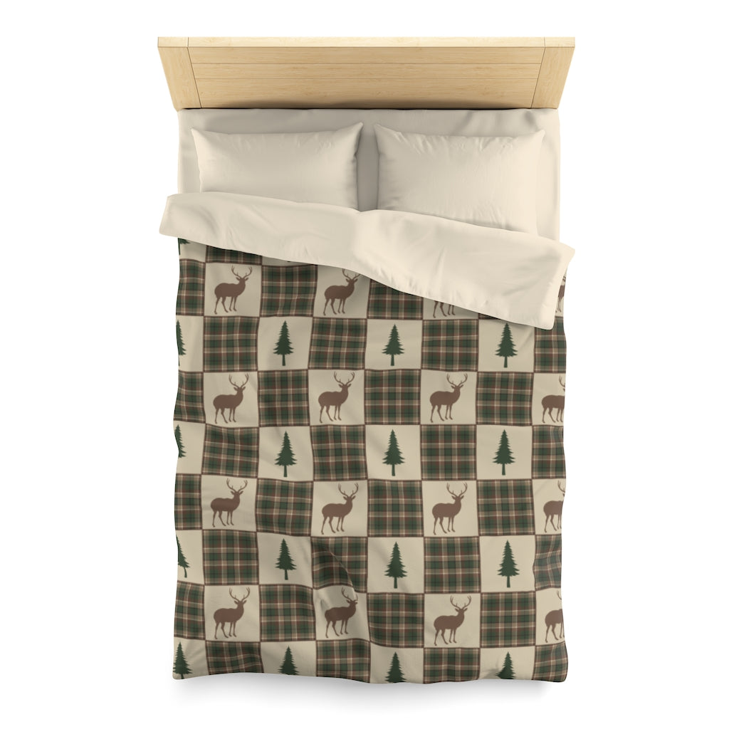 Twin Size Tan, Brown and Green Deer and Pine Trees Patchwork Plaid Pattern Microfiber Duvet Cover