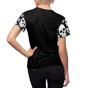 Skeleton Ribs on Black Women's T-Shirt With Skull Sleeves