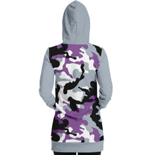 Load image into Gallery viewer, Gray and Purple Camouflage Longline Hoodie Dress With Solid Gray Sleeves, Pocket and Hood

