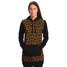 Load image into Gallery viewer, Leopard Print Longline Hoodie Dress With Contrast Black Sleeves, Pocket and Hood
