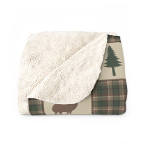 Sherpa Fleece Blanket With Tan, Brown and Green Bear and Pine Tree Patchwork Plaid Pattern