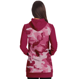 Pink Camouflage Longline Hoodie Dress With Solid Dark Pink Contrast Sleeves