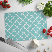 Load image into Gallery viewer, Turquoise and White Quatrefoil Tempered Glass Cutting Board
