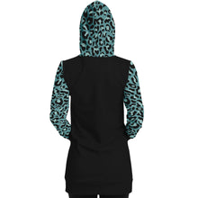 Load image into Gallery viewer, Black Longline Hoodie Dress With Minty Teal Leopard Print Contrast Sleeves, Pocket and Hood
