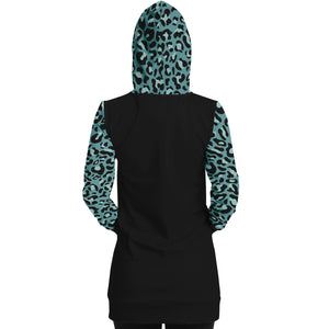 Black Longline Hoodie Dress With Minty Teal Leopard Print Contrast Sleeves, Pocket and Hood