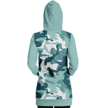 Load image into Gallery viewer, Pastel Teal Camouflage Longline Hoodie Dress With Solid Color Teal Sleeves, Pocket and Hood
