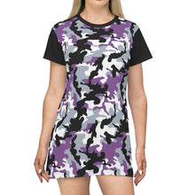 Load image into Gallery viewer, Camo Print T-Shirt Dress Tunic Length With Contrast Sleeves Purple, White and Black Camouflage
