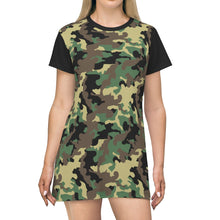 Load image into Gallery viewer, Camo Print T-Shirt Dress Tunic Length With Contrast Sleeves Green, Brown and Black Camouflage
