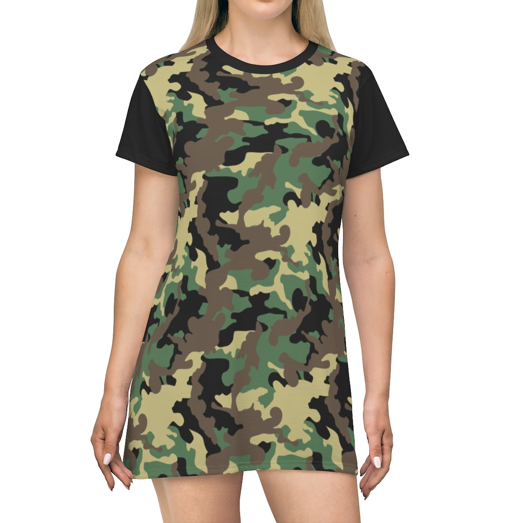 Camo Print T-Shirt Dress Tunic Length With Contrast Sleeves Green, Brown and Black Camouflage