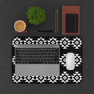 Black and White Desk Mat With White Tribal Design Ethnic Pattern