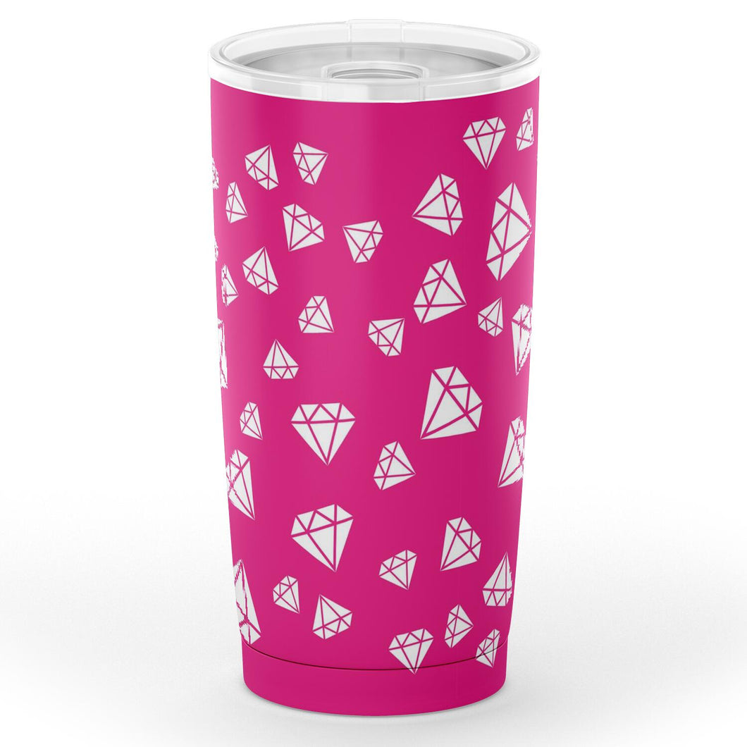 Hot Pink With White Diamonds 20 oz Travel Coffee Mug Tumbler Stainless Steel Insulated Water Cup
