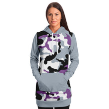 Load image into Gallery viewer, Gray and Purple Camouflage Longline Hoodie Dress With Solid Gray Sleeves, Pocket and Hood
