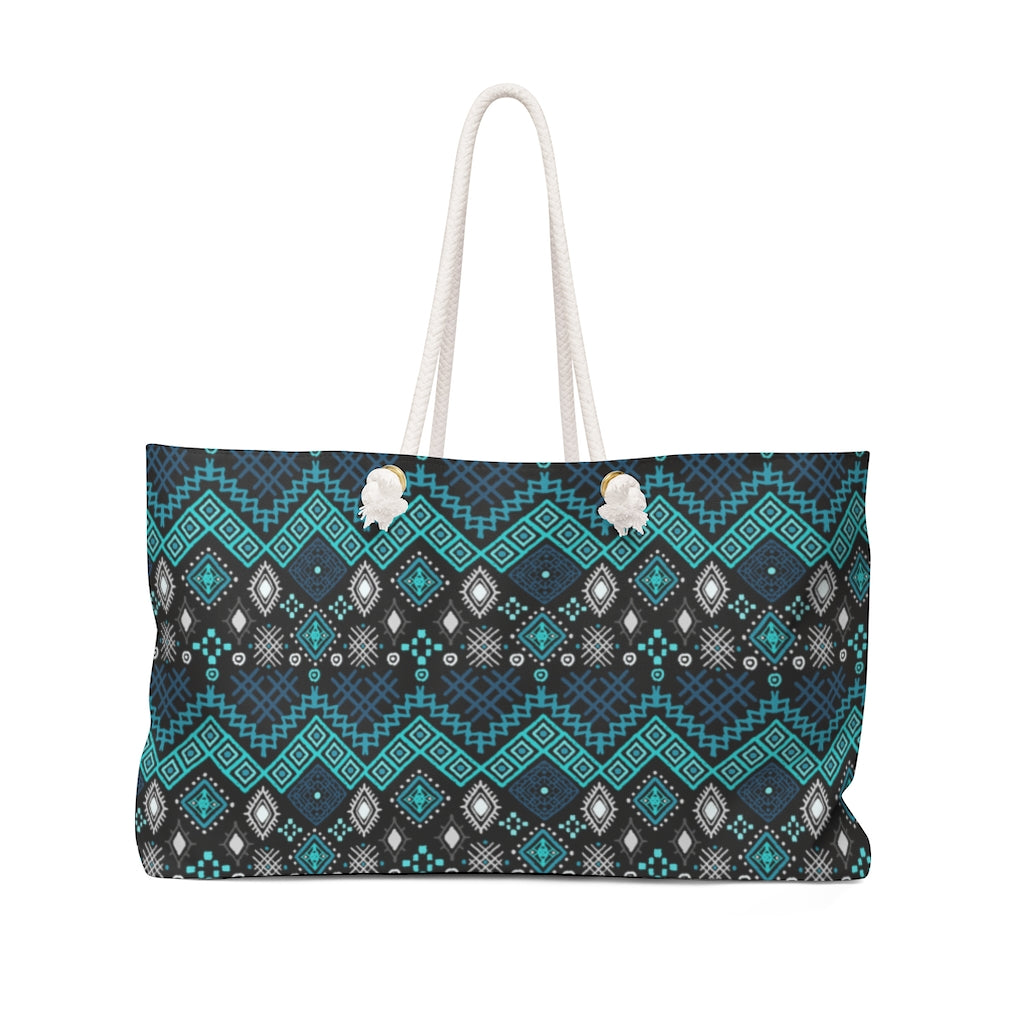 Teal Blue Ethnic Pattern Boho Weekender Bag For Shopping, Traveling, Oversized Tote With Rope Handles