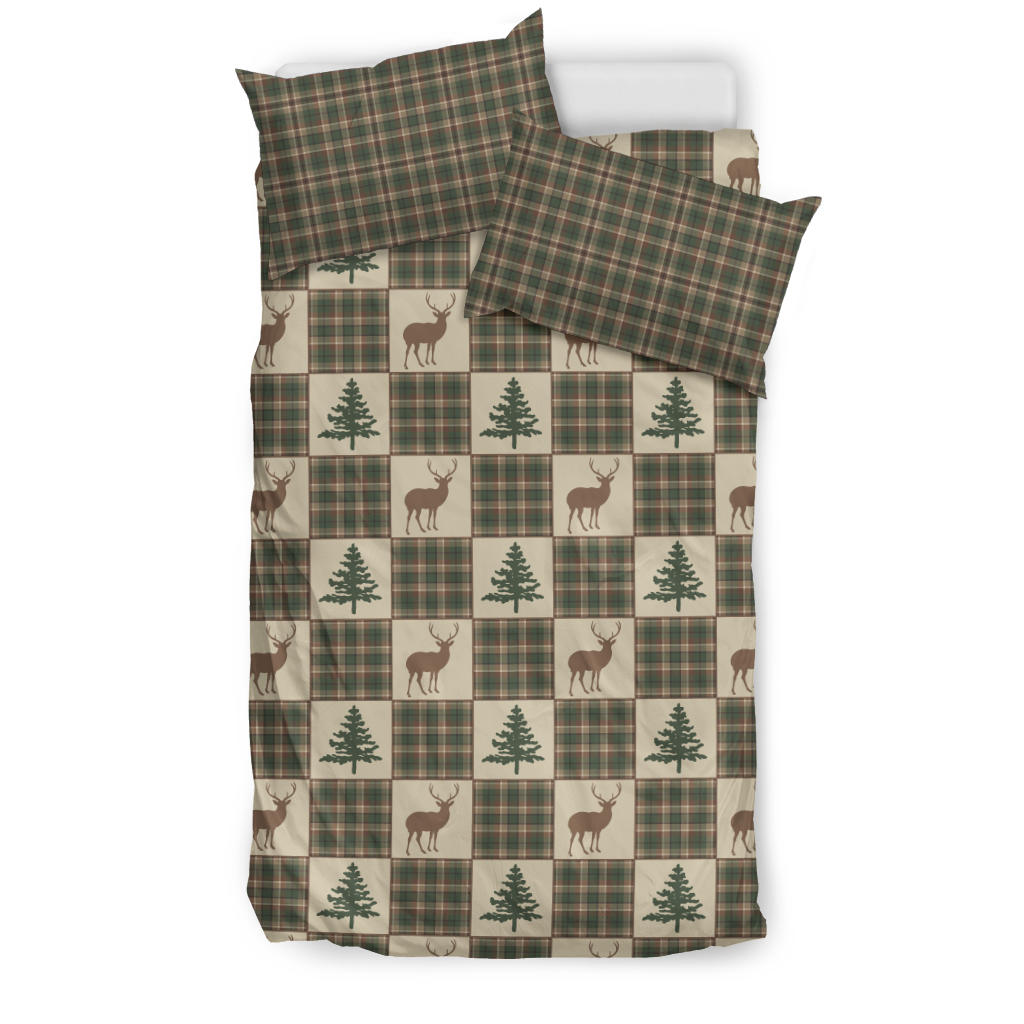 Woodland Plaid Brown, Tan and Green Patchwork Plaid Pattern With Deer and Pine Trees Duvet Cover and Pillow Cases Bedding Set