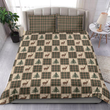Load image into Gallery viewer, Woodland Plaid Brown, Tan and Green Patchwork Plaid Pattern With Deer and Pine Trees Duvet Cover and Pillow Cases Bedding Set
