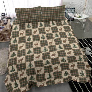 Woodland Plaid Brown, Tan and Green Patchwork Plaid Pattern With Deer and Pine Trees Duvet Cover and Pillow Cases Bedding Set