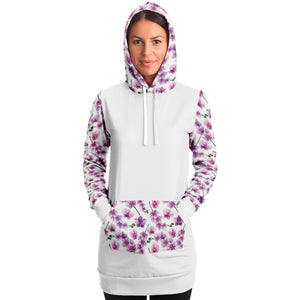 White Longline Hoodie Dress With Pink Orchid Flower Pattern Sleeves, Hood and Pocket