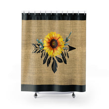 Load image into Gallery viewer, Sunflower Dreamcatcher on Boho Rustic Burlap Style Printed Shower Curtain With Black Trim
