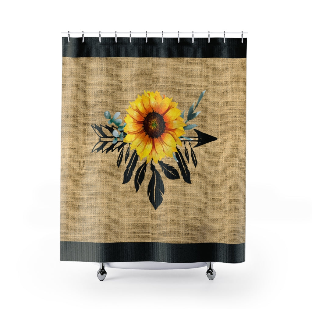Sunflower Dreamcatcher on Boho Rustic Burlap Style Printed Shower Curtain With Black Trim