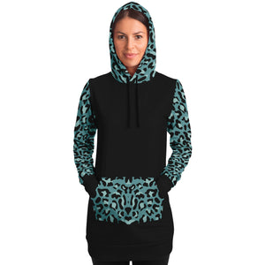 Black Longline Hoodie Dress With Minty Teal Leopard Print Contrast Sleeves, Pocket and Hood