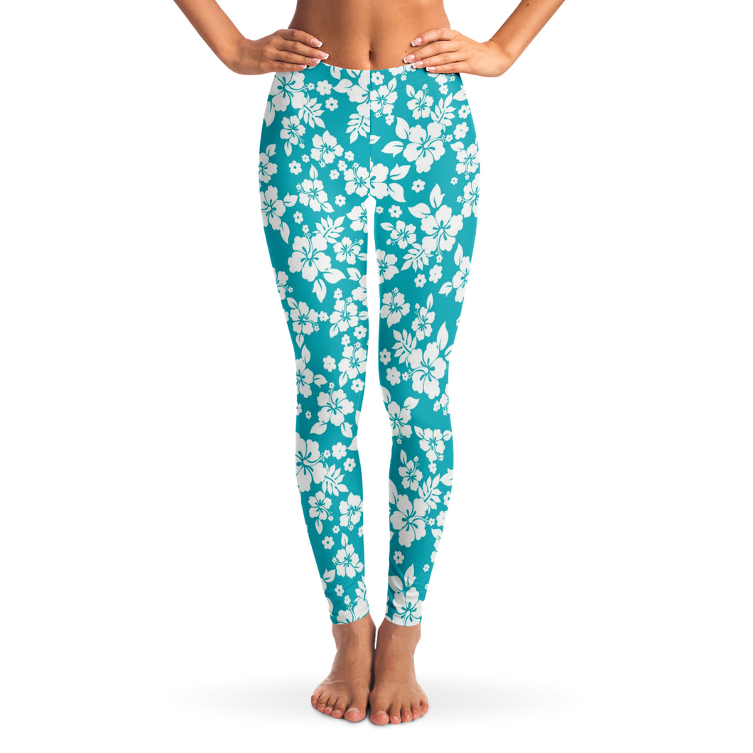 Teal and White Hibiscus Flower Hawaiian Pattern Leggings XS - XL