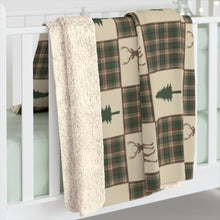Load image into Gallery viewer, Sherpa Fleece Blanket With Tan, Brown and Green Bear and Pine Tree Patchwork Plaid Pattern
