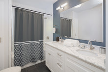 Load image into Gallery viewer, Dark Gray and White Quatrefoil Color Block Contrast Shower Curtain
