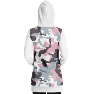 White and Pastel Mauve Camouflage Longline Hoodie Dress With Solid White Sleeves, Pocket and Hood