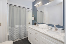 Load image into Gallery viewer, Light Gray and White Quatrefoil Color Block Contrast Shower Curtain
