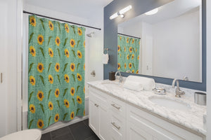 Green Burlap Design With Large Sunflower Pattern Bathroom Shower Curtain