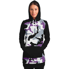 Load image into Gallery viewer, Purple and Black Camouflage Longline Hoodie Dress With Solid Black Sleeves, Pocket and Hood
