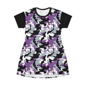 Camo Print T-Shirt Dress Tunic Length With Contrast Sleeves Purple, White and Black Camouflage