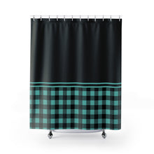Load image into Gallery viewer, Turquoise Buffalo Plaid and Black Contrast Color Block Shower Curtain
