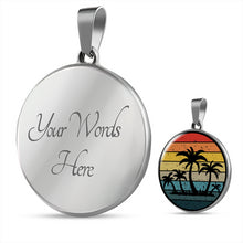Load image into Gallery viewer, Retro Sunset With Palm Trees Jewelry Circle Pendant Necklace in Stainless Steel or 18k Gold Finish With Gift Box and Chain
