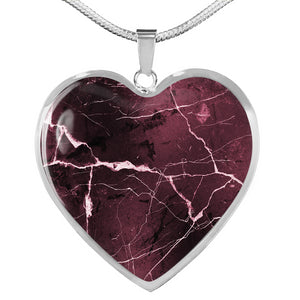 Burgundy Marble Design On Stainless Steel Heart Shaped Pendant
