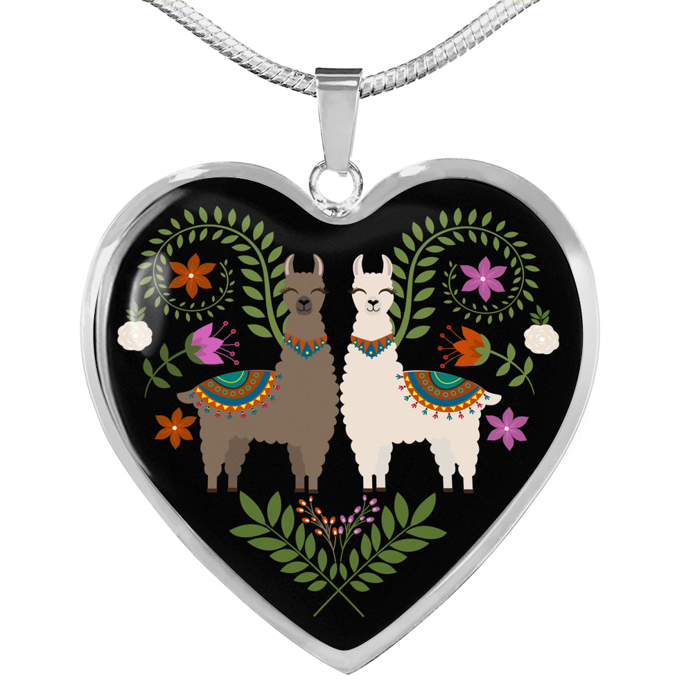 Heart Shaped Pendant With Colorful Llamas and Flowers on Black Background