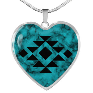 Tribal Design Jewelry on Turquoise Faux Stone Stainless Steel Heart Shaped Pendant Necklace With Chain and Gift Box