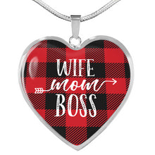 Load image into Gallery viewer, Wife Mom Boss Red Buffalo Plaid Heart Shaped Stainless Steel Pendant
