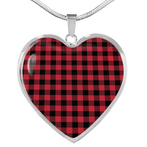 Red Buffalo Plaid Stainless Steel Heart Pendant Necklace