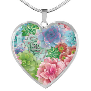 Succulents on Heart Shaped Stainless Steel Pendent Jewelry Necklace With Gift Box and Chain